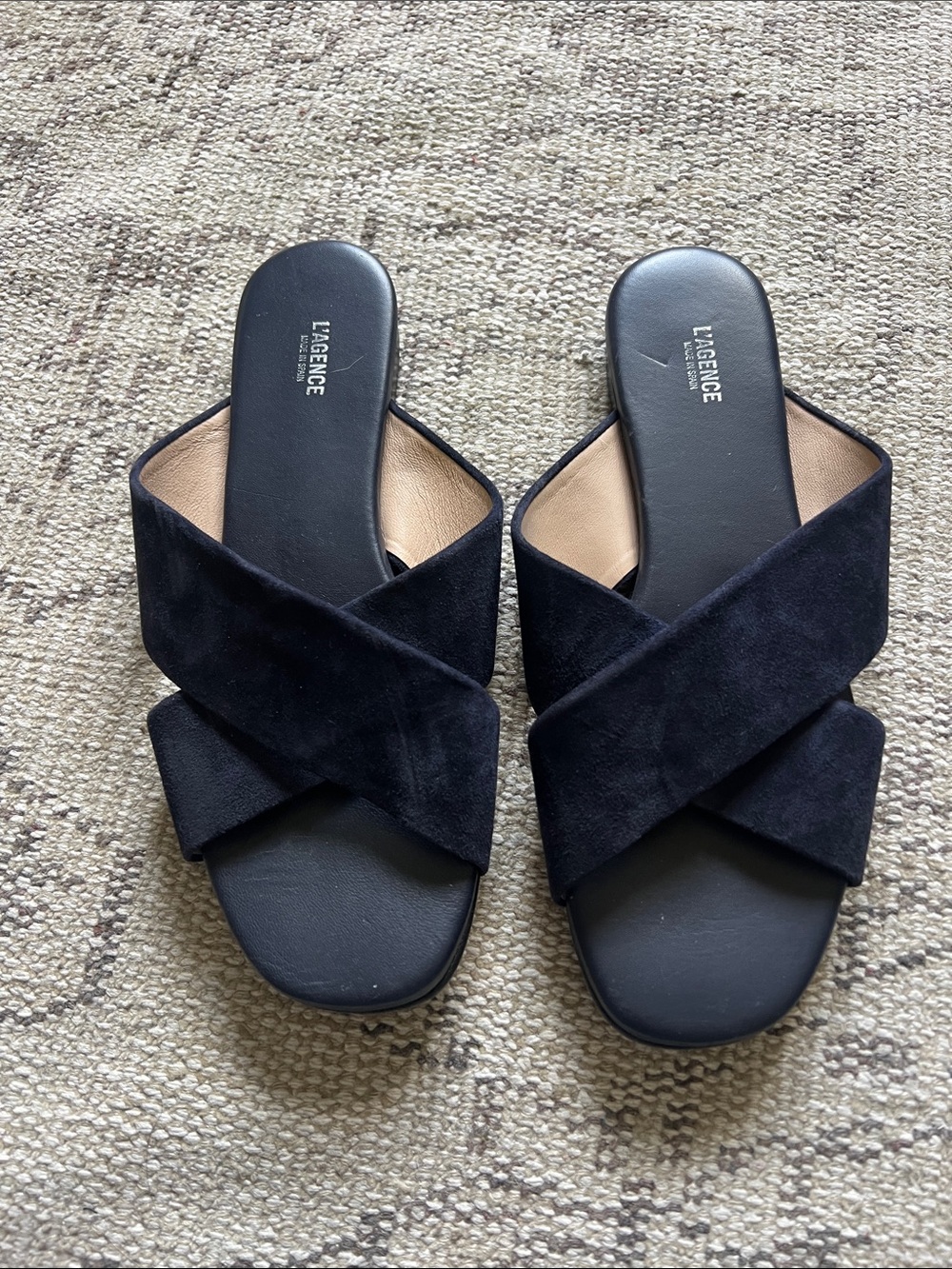 L'AGENCE Navy Blue Suede Crisscross Slide Mules